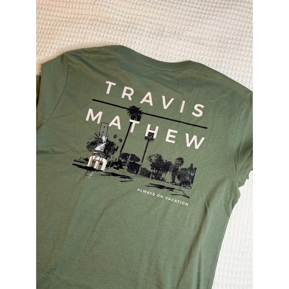 TravisMathew T-Shirt Mens Small Green Always On Vacation Graphic Crewneck New‎